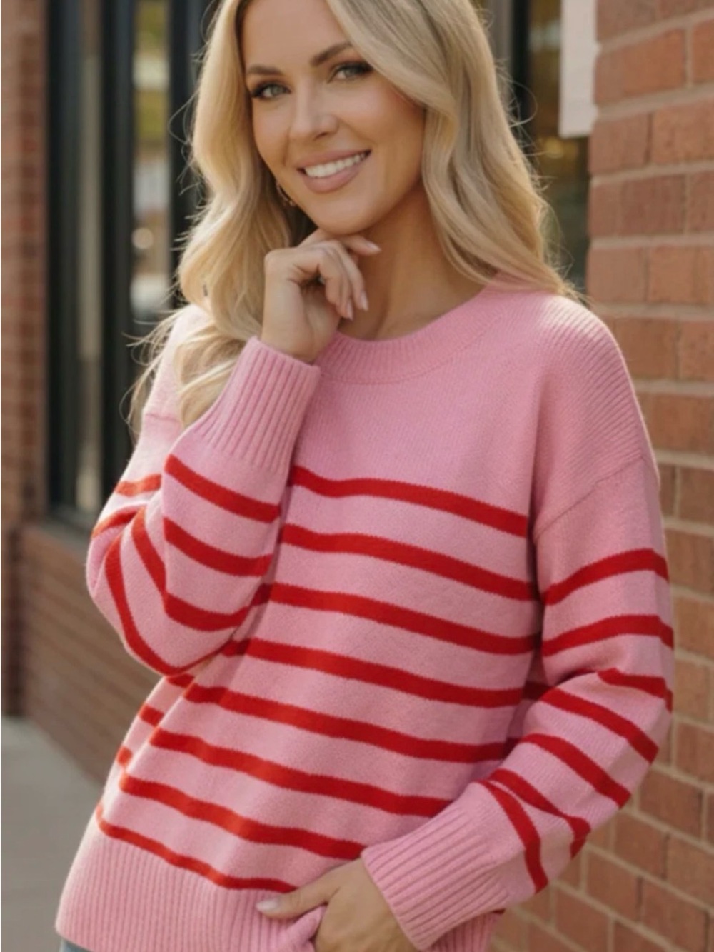 Haptics Pink Striped Hi Low Pink and Red Striped Crewneck Sweater